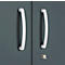 Two white, curved door handles on a gray door, below is a keyhole with a key.