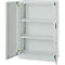 Open gray steel cabinet with three shelves.
