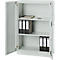 Open gray steel cabinet with three shelves. Files, notebook and calculator are on the shelves.