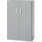 Gray cabinet with two doors, silver handles, and a lock.