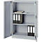 Gray steel cabinet with open door. Folders, notebook and a calculator lie on the shelves.