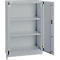 Gray steel cabinet, open doors, three shelves. Metal cabinet with one handle, suitable for storage in the office or workshop.