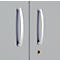 Two silver door handles on a gray door. Below, a keyhole with a key.