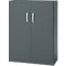 Dark grey steel cabinet with two doors, silver handles and lock.