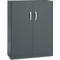 Dark gray cabinet with two doors, silver handles, and a lock.