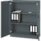 Grey steel cabinet with open door, shelves, and folders. A notepad is on the top shelf.