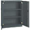 Gray steel cabinet, doors open. Inside with three shelves, hinges and handle visible.