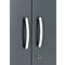 Gray cabinet doors with curved, silver handles and a small keyhole with key.