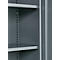 Grey cabinet with shelves. Detailed view of the interior, metallic surfaces.