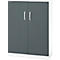 Grey cabinet with two doors, silver handles, and a keyhole.