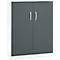 Grey cabinet with two doors, silver handles and a lock. White sides and bottom.