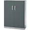 Gray file cabinet with two doors and silver handles.
