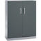 Gray metal cabinet with two doors, silver handles, and a keyhole.