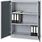 Grey steel cabinet, doors open, with folders and notebook. Light gray shelves.