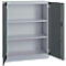 Grey steel cabinet, open door. Inside three shelves. The cabinet stands on a neutral background.