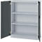 Steel cabinet with open doors, three shelves, light gray interior, dark gray doors.