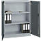 Gray file cabinet, open doors, folders and notebook on shelves.
