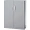 Gray cabinet with two doors and handles. The doors are closed and have a locking mechanism.