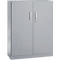 Gray cabinet with two doors and silver handles. There is a keyhole on the right door.