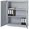 Gray filing cabinet with open door. File folders and a notebook are on the shelves.