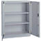 Grey metal cabinet, one door open, three shelves visible.