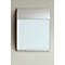 Rectangular, white board with silver frame and cover, on light gray wall. Slightly arched at the top.