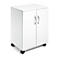 White cabinet with two doors, silver handles and casters.