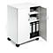 White rolling cabinet with open doors, filled with folders and boxes. The cabinet stands on wheels.