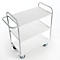 Serving cart with three white shelves and gray frame on a white background.