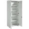 Armoire blanche avec portes ouvertes, étagères visibles. Poignée, charnières et roulettes.