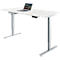 Bureau blanc réglable en hauteur avec ordinateur portable. Pieds gris, boutons de commande noirs.