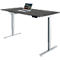 Bureau réglable en hauteur avec ordinateur portable. Plateau gris, pieds clairs. Un ordinateur portable est sur le bureau.