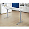 Bureau blanc réglable en hauteur avec ordinateur portable, plancher en bois clair et mobilier de bureau blanc en arrière-plan.