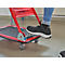 Gros plan d'un diable rouge avec un pied actionnant la plate-forme. L'inscription "SCHÄFERSHOP" est visible.