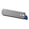 Cartouche de toner grise avec connecteur bleu, vue légèrement inclinée.