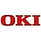 Rotes OKI Logo mit rotem Leuchteffekt auf weißem Hintergrund.