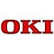 Rotes OKI-Logo mit leuchtendem Rand auf weißem Hintergrund.