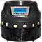 Black coin counter with blue display and coins in various colors.