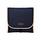 Dunkelblaue, gesteppte Tasche mit beigem Rand und Label.