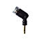 Schwarzes Mikrofon mit goldfarbenem Stecker, geneigt auf weißem Hintergrund.