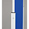 Close-up van een wit frame met blauwe stof verbonden door een zilveren schroef.