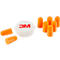 Oranje oordopjes en een doosje met 3M-logo.