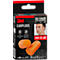 Een verpakking van 3M oordopjes toont twee oranje pluggen. Daaronder staat SNR 35 dB. 3M EARPLUGS staat op de verpakking.