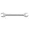 A silver double-ended open-end wrench with sizes 17 and 15.