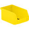 Yellow plastic storage bin with open front. The bin is set on a white surface.