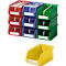 Multi-colored plastic storage bins in red, blue, green, and yellow, stacked and side-by-side. White labels on front.