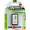 Accu in verpakking. Opschrift: NiMH 200 AKKU, 200 mAh, oplaadbaar.