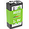 Een groene 9V oplaadbare batterij met een zwarte rand. Opschrift: AKKU 200, 1x 9V, German Quality Check.