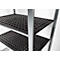 Close-up van een metalen plank met zwarte, geperforeerde planken.