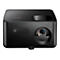 Projecteur Optoma noir, vue de face. Objectif et connexions clairement visibles. Logo "Optoma".